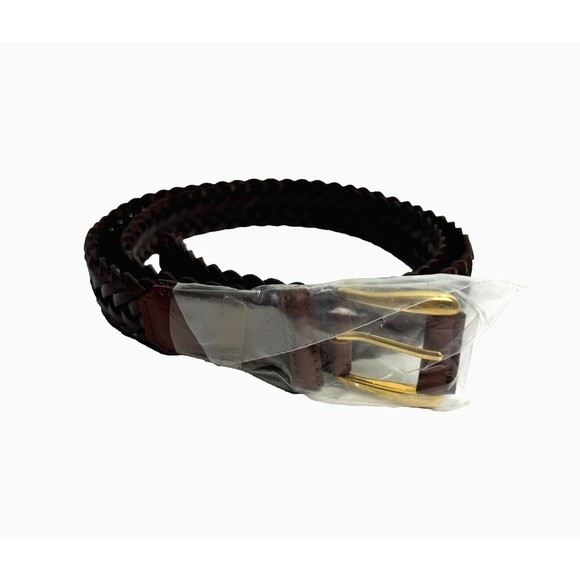 Braided Brown Full Grain Leather Large Belt Gold Color Hardware Classic Boho 90s - Picture 1 of 8